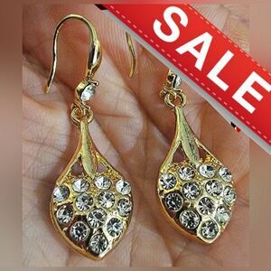 #925Sterling Gold Plated Crystal Accents + Faux Pearl Ear Dangle Drop Earrings